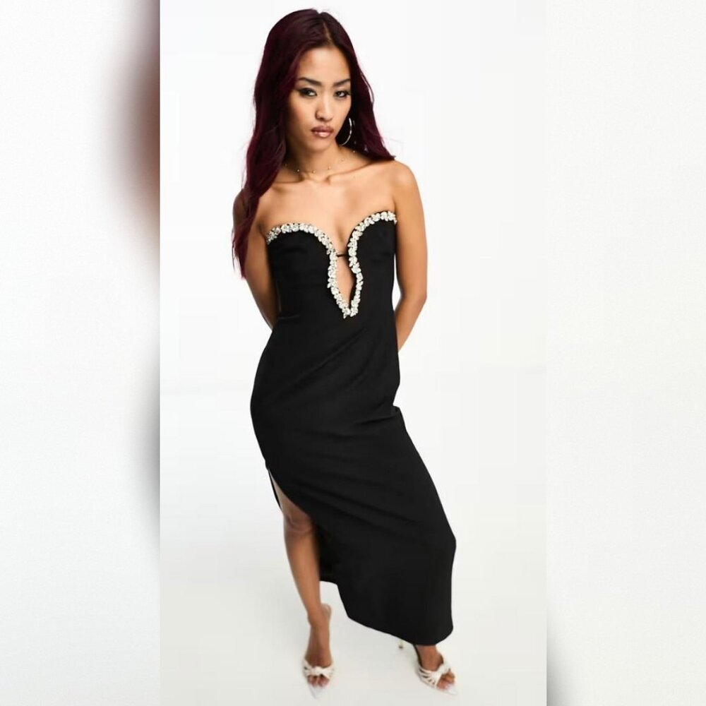 Strapless Noire Diamante Midi Dress